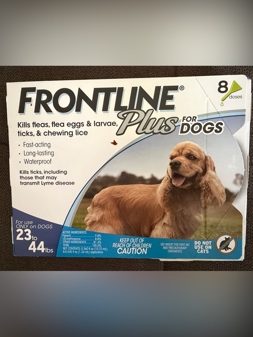 NEW!  The box never opened. 
Frontline Plus for Dogs 23 to 44 lbs (8 Doses)